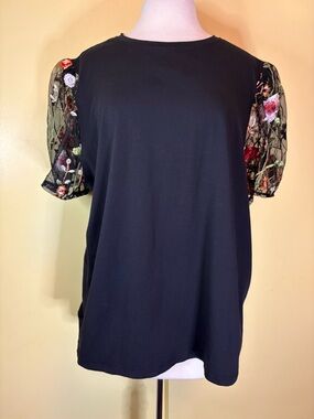 Joie Black Top with Floral Embroidered Sheer Puff Sleeves. 3X